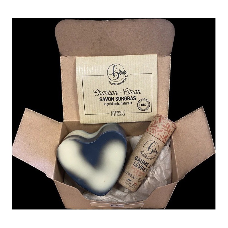 Coffret cadeau Savon coeur (Charbon et citron) + Baume à  lèvres